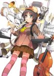  1girl accordion backpack bag black_hair blue_eyes blush cello cymbals drum flute funamushi_nomore hat horn_(instrument) instrument jacket keyboard_(instrument) mechanical_arm original short_hair short_twintails skirt solo sweatdrop tambourine trumpet twintails 