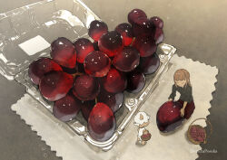  1girl artist_name basket braid braided_ponytail brown_hair closed_eyes collared_shirt commentary demizu_posuka food from_above fruit grapes holding holding_basket horns original shirt sleeves_rolled_up 