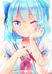  1girl ;) alternate_costume blue_eyes blue_hair blush bow cirno face hair_ribbon hand_on_own_face looking_at_viewer pencil puffy_sleeves ribbon school_uniform short_hair short_sleeves smile solo star touhou wink yennineii ⑨ 