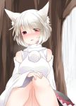  1girl animal_ears blush breasts detached_sleeves hammer_(sunset_beach) inubashiri_momiji no_hat open_mouth red_eyes short_hair silver_hair sitting skirt solo touhou tree wolf_ears 