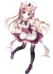  1girl animal_ears bell black_legwear blue_eyes blush brown_hair cat cat_ears cat_tail dress highres legs long_hair maid_headdress nekomori_mike nyan_cafe_macchiato paw_pose smile tail thighhighs yukie_(peach_candy) 