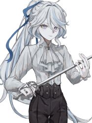  1girl absurdres ascot black_pants blue_eyes blue_hair blue_ribbon commentary_request cowboy_shot furina_(genshin_impact) genshin_impact hair_ribbon heterochromia highres holding holding_sword holding_weapon koumimi long_hair multicolored_hair pants rapier ribbon shirt simple_background solo sword two-tone_hair very_long_hair weapon white_ascot white_background white_hair white_shirt 