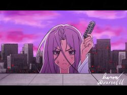 1girl artist_name baron_(varon666) cityscape closed_mouth frown fuuto_tantei gaia_memory gundam gundam_gquuuuuux highres holding kamen_rider kamen_rider_w letterboxed long_hair looking_at_viewer parody purple_hair scene_reference solo tokime_(fuuto_tantei) twitter_username upper_body violet_eyes