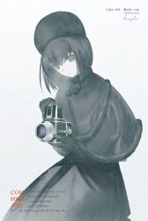  1girl absurdres black_capelet black_dress black_eyes black_gloves black_hair camera capelet dress fur-trimmed_capelet fur-trimmed_sleeves fur_hat fur_trim gloves hat highres holding holding_camera kuonji_alice looking_at_viewer mahou_tsukai_no_yoru short_hair simple_background solo white_background yuishironeko 