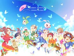  3girls 5boys blonde_hair blue_eyes blue_hair brown_eyes brown_hair bukamon butterfly clouds cowboy_hat dated digimon digimon_adventure everyone glasses gloves goggles hat ishida_yamato izumi_koushirou kido_jou koromon long_hair motimon multiple_boys multiple_girls natsu_mikan_(clutch) plotmon rainbow short_hair sky smile tachikawa_mimi tagme takaishi_takeru takenouchi_sora tanemon tokomon tsunomon yagami_hikari yagami_taichi yokomon yuramon 