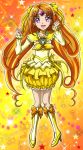  1girl boots bow brooch bubble_skirt choker circlet cure_muse_(yellow) dress frills hair_ribbon hanzou heart high_heels jewelry long_hair magical_girl orange_hair precure ribbon shirabe_ako smile solo suite_precure violet_eyes yellow_background yellow_dress 