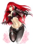  1girl bandeau belt black_gloves breasts cropped_jacket dagger gloves green_eyes hair_over_one_eye highres katarina_du_couteau kumiko_(aleron) large_breasts league_of_legends long_hair midriff navel pants redhead reverse_grip slender_waist solo weapon 
