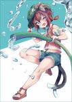  1girl alternate_costume alternate_hairstyle animal_ears bare_legs bell brown_hair cat_ears cat_tail chen contemporary fang hat hose jewelry jingle_bell multiple_tails navel ponytail rough sandals shorts single_earring solo tail touhou water wink yana_(nekoarashi) yellow_eyes 