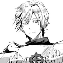  1boy armor breastplate closed_mouth commentary_request cross_of_prontera greyscale haneda_makoto looking_at_viewer male_focus monochrome pauldrons ragnarok_online royal_guard_(ragnarok_online) short_hair shoulder_armor simple_background smile solo upper_body 