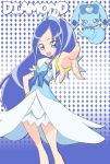  1girl artist_request asymmetrical_clothes blue_background blue_dress blue_eyes blue_hair bow bracelet character_name choker cure_diamond diamond_(shape) dokidoki!_precure dress happy heart heartcatch_precure! highres hishikawa_rikka jewelry long_hair looking_at_viewer magical_girl open_mouth parody ponytail precure rakeru_(dokidoki!_precure) ribbon solo source_request standing style_parody 