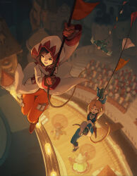  absurdres adelbert_steiner armor armpits blonde_hair blue_eyes bodysuit boots brown_eyes brown_hair castle character_request cloak cocodar crowd dagger final_fantasy final_fantasy_ix full_armor garnet_til_alexandros_xvii gloves highres knife long_sleeves looking_at_another monkey_tail multiple_boys night open_mouth orange_bodysuit outdoors outstretched_arms pants red_gloves rope sheath sheathed shirt sword sword_on_back tail theater weapon weapon_on_back white_cloak zidane_tribal 