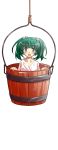  1girl blush bucket collarbone dairi green_eyes green_hair hair_bobbles hair_ornament hanging highres in_bucket in_container japanese_clothes kimono kisume looking_at_viewer simple_background smile solo surprised touhou twintails white_background yukata 