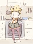  1girl apron blonde_hair cooking drill_hair from_behind highres kitchen mahou_shoujo_madoka_magica monorus musical_note oven pantyhose plaid plaid_skirt rough school_uniform skirt solo tomoe_mami twin_drills 