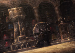  1boy adeptus_astartes ameen_naksewee arch architecture armor armored_boots belt_bag blood_angels boots breastplate brown_bag candelabra candle candlestand column deathwatch english_commentary fire full_armor gauntlets greaves greco-roman_architecture grey_armor hammer helmet holding holding_hammer imperial_aquila indoors kneeling male_focus official_art on_floor pauldrons pedestal pillar power_armor red_scorpions shoulder_armor skull_and_crossbones skull_ornament sparkle statue ultramarines unworn_headwear unworn_helmet vambraces war_hammer warhammer_40k weapon 