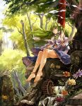  1girl barefoot detached_sleeves feet flower frog frog_hair_ornament gohei green_hair hair_ornament hair_tubes highres kochiya_sanae long_hair neko_(yanshoujie) shide sitting skirt smile snake_hair_ornament torii touhou tree water_wheel yellow_eyes 