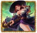  1girl bare_shoulders breasts cleavage detached_sleeves dragon&#039;s_crown hat highres long_hair metalinu red_eyes redhead solo sorceress_(dragon&#039;s_crown) staff witch_hat 