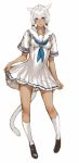  1girl alternate_costume animal_ears blue_eyes blush cat_ears dark_skin dress facial_mark final_fantasy final_fantasy_xiv looking_at_viewer makimura_shunsuke miqo&#039;te rough short_hair simple_background smile solo tail white_hair white_legwear y&#039;shtola 