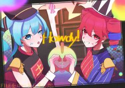  2girls alternate_costume black_dress black_hat blue_eyes blue_hair blush breasts buttons candy candy_wrapper candycookiechocolate_(vocaloid) double-breasted double-parted_bangs dress drill_hair facial_mark food grin hair_between_eyes hat hatsune_miku heart heart_hands heart_hands_duo highres indoors kasane_teto long_hair long_sleeves multicolored_hair multiple_girls nakam1ya pinstripe_pattern pinstripe_shirt red_dress red_eyes red_hair shirt shoulder_boards sleeveless sleeveless_dress small_breasts smile streaked_hair twin_drills twintails two-tone_hat upper_body utau vocaloid white_hat 