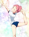  1girl ass back blue_eyes blush buruma gym_uniform gymnastics inazuma_eleven_(series) inazuma_eleven_go inazuma_eleven_go_galaxy leg_grab looking_back maron_(quintet_colors) musical_note nozaki_sakura open_mouth pink_hair short_sleeves smile solo wink 