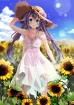  1girl bare_shoulders blue_eyes blush dress flower hat original purple_hair see-through sky solo sunflower takanashi_haruto twintails 