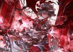  1girl bat bat_wings bouquet bow card dress evil_smile flower hat hat_ribbon jewelry kozou_(soumuden) lavender_hair looking_at_viewer mob_cap open_mouth outstretched_arm petals red_eyes remilia_scarlet ribbon rose short_hair smile solo touhou window wings 