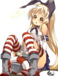  1girl bare_shoulders blonde_hair blush dazed elbow_gloves gloves hair_ribbon hidebuu innertube kantai_collection long_hair open_mouth personification rensouhou-chan ribbon sailor_collar shimakaze_(kantai_collection) sitting skirt solo striped striped_legwear thighhighs torn_clothes torn_thighhighs white_gloves 