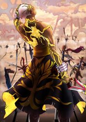  1boy arm_at_side arm_up bangle black_cape black_pants bracelet buzz_cut cape chain closed_mouth colored_skin cuffs dark-skinned_male dark_skin emiya_alter fate/grand_order fate_(series) feet_out_of_frame from_behind gold_skin hand_on_own_head holding holding_sword holding_weapon jewelry kanshou_&amp;_bakuya_(fate) kintsugi legs_apart looking_at_viewer looking_back lower_teeth_only multicolored_skin multiple_scars no_shirt official_alternate_skin_color official_art pants planted planted_sword sasaki_shounen scar scar_on_arm scar_on_back scar_on_chest scar_on_face scar_on_hand scar_on_head scar_on_neck second-party_edit shackles short_hair short_sideburns smile solo standing sword teeth third-party_source toned toned_male topless_male two-tone_skin unlimited_blade_works_(reality_marble) v-shaped_eyebrows very_short_hair waist_cape weapon yellow_eyes 