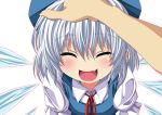  1girl blush bow bust cirno closed_eyes fang hair_bow hand_on_head ice ice_wings ma-yu open_mouth petting pov_hands ribbon short_hair silver_hair smile solo touhou wings 