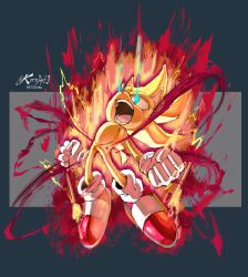  1boy aura blue_eyes clenched_hands commentary english_commentary floating furry furry_male gloves glowing glowing_eyes highres kornart male_focus open_mouth red_aura red_shoes screaming shoes simple_background sonic_(series) sonic_frontiers sonic_frontiers_the_final_horizon sonic_the_hedgehog super_sonic super_sonic_2 teeth white_gloves yellow_fur 