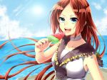  1boy brown_hair bust choker fuuna_(conclusion) green_eyes long_hair looking_at_viewer namine_ritsu ocean open_mouth popsicle smile solo trap utau watermelon_bar 