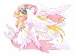  0580_(artist) 1girl angel_wings angewomon asymmetrical_clothes blonde_hair breastplate character_name copyright_name digimon digimon_adventure elbow_gloves female gloves helmet long_hair looking_back multiple_wings shawl smile solo wings zipper 