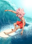  1boy adult barefoot glasses grin inazuma_eleven_(series) inazuma_eleven_go male maron_(quintet_colors) pink_hair smile solo surfboard surfing tsunami_jousuke water waves 