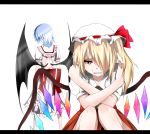  2girls back_cutout bat_wings blonde_hair blue_hair bow clenched_teeth crossed_arms crying elbows_on_knees fangs flandre_scarlet from_behind hair_over_one_eye hands_on_shoulders hat hat_ribbon highres knees_together letterboxed looking_down mob_cap multiple_girls no_hat red_eyes remilia_scarlet ribbon short_hair short_sleeves siblings side_ponytail simple_background sisters sitting skirt skirt_set slit_pupils standing streaming_tears tachitsuki tears touhou white_background wings 