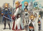  1girl agrias_oaks armor banner blonde_hair blue_eyes boots braid cape final_fantasy final_fantasy_tactics gloves hat iwanai_tomoeju jewelry knight long_hair ring robe short_hair single_braid sword thigh-highs thigh_boots tiara weapon wizard_hat young 
