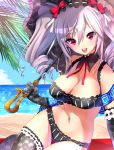  1girl bare_shoulders beach bikini black_legwear breasts drill_hair idolmaster idolmaster_cinderella_girls kanzaki_ranko looking_at_viewer mataro navel palm_tree purple_hair smile solo swimsuit thighhighs tree twin_drills umbrella violet_eyes water 