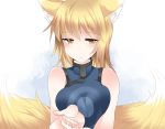  1girl animal_ears bare_shoulders blonde_hair bust chinese_clothes fox_ears fox_tail hammer_(sunset_beach) looking_at_viewer multiple_tails no_panties short_hair solo tail touhou yakumo_ran yellow_eyes 