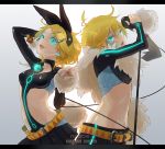  1boy 1girl alternate_costume aqua_eyes belt blonde_hair brother_and_sister cable feather_boa gem glowing glowing_eyes hair_ornament hair_ribbon hairband hairclip kagamine_len kagamine_rin letterboxed lipstick long_sleeves makeup microphone microphone_stand midriff navel neon_trim nokuran ribbon short_hair siblings skin_tight small_breasts trap vocaloid 