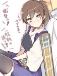  1boy 1girl blush brown_eyes brown_hair japanese_clothes kaga_(kantai_collection) kantai_collection military military_uniform muneate personification short_hair side_ponytail sitting sitting_on_person skirt thigh-highs translation_request uniform yukityasoba 