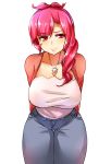  1girl adult asymmetrical_hair blush braid breasts cardigan cleavage enki_(dragonfire) freckles highres hina_(naso4) jeans jewelry large_breasts leaning_forward long_hair necklace original pink_eyes pink_hair side_braid solo 