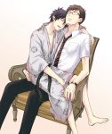  2boys ao_no_exorcist black_hair blonde_hair brothers chair fang glasses japanese_clothes male multiple_boys necktie okumura_rin okumura_yukio pointy_ears school_uniform short_hair siblings sitting sitting_on_lap sitting_on_person sleeping striped striped_necktie 
