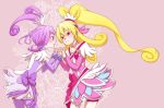  2girls aida_mana ashlynx bike_shorts blonde_hair blush boots couple cure_heart cure_sword dokidoki!_precure eye_contact floral_background half_updo holding_hands interlocked_fingers kenzaki_makoto lips looking_at_another multiple_girls pink_eyes ponytail precure purple_hair thigh-highs thigh_boots violet_eyes yuri 