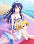  2girls ass ayase_eli bikini blonde_hair blue_eyes bracelet collarbone earrings frilled_bikini frills hairband highres innertube jetty jewelry looking_at_viewer love_live!_school_idol_project lying multiple_girls necklace on_stomach open_clothes open_shirt ponytail purple_hair sitting sonoda_umi swimsuit tucana turning water white_bikini white_swimsuit yellow_eyes 