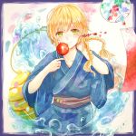  androgynous as8521 balloon blonde_hair braid candy_apple character_request earrings green_eyes japanese_clothes jewelry kimono light_smile mole solo twin_braids water yukata 