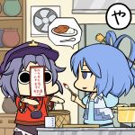  0_0 2girls basket blouse blue_eyes blue_hair brush coin_purse curry fan food hair_ornament hair_rings hair_stick hat kaku_seiga lavender_hair maguro_(mawaru_sushi) measuring_cup miyako_yoshika multiple_girls ofuda outstretched_arms parted_lips pot rice short_hair short_sleeves speech_bubble spoon star touhou vest zombie_pose 