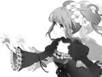  1girl afterimage choker dress flower frills gothic_lolita hair_flower hair_ornament idolmaster idolmaster_cinderella_girls kansou_hada kanzaki_ranko lolita_fashion monochrome reaching solo tears twintails 