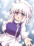  1girl blue_eyes blush breasts hat large_breasts letty_whiterock open_mouth ry short_hair smile snowing solo touhou white_hair 
