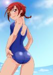  1girl adjusting_clothes adjusting_swimsuit ass from_behind hino_akane looking_back ocean onnaski pigtail precure red_eyes redhead school_swimsuit short_hair smile_precure! solo swimsuit water 