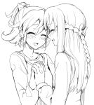  2girls :d aida_mana blush braid closed_eyes couple dokidoki!_precure half_updo happy hishikawa_rikka holding_hands interlocked_fingers long_hair monochrome multiple_girls open_mouth precure short_hair simple_background sketch smile white_background yoban yuri 