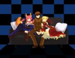  1boy 2girls blonde_hair brown_hair caster_(fate/extra) chabotaro couch dress fate/extra fate_(series) japanese_clothes kishinami_hakuno_(male) multiple_girls pillow pink_hair red_dress saber_extra 
