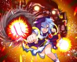  1boy 1girl blue_eyes blue_hair glowing glowing_eyes hood hoop kumoi_ichirin looking_at_viewer open_mouth punching shirt skirt teoshiguruma touhou unzan 